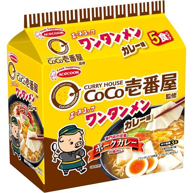 エースコック （袋）ワンタンメン　CoCo壱番屋監修　カレー味　5食パック